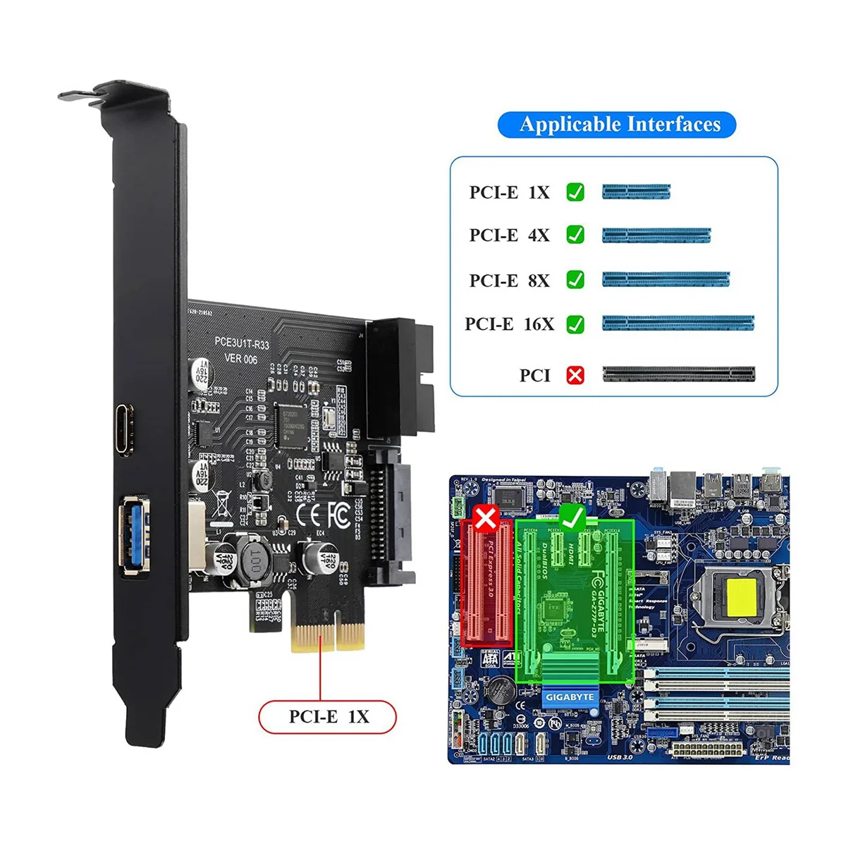 PCI-E 1X-USB 3.2 Gen1 USB3. 2 Tip-C Ön Adaptör Kartı 2 Bağlantı Noktası (Tip C+ Tip A) Genişletme Kartı