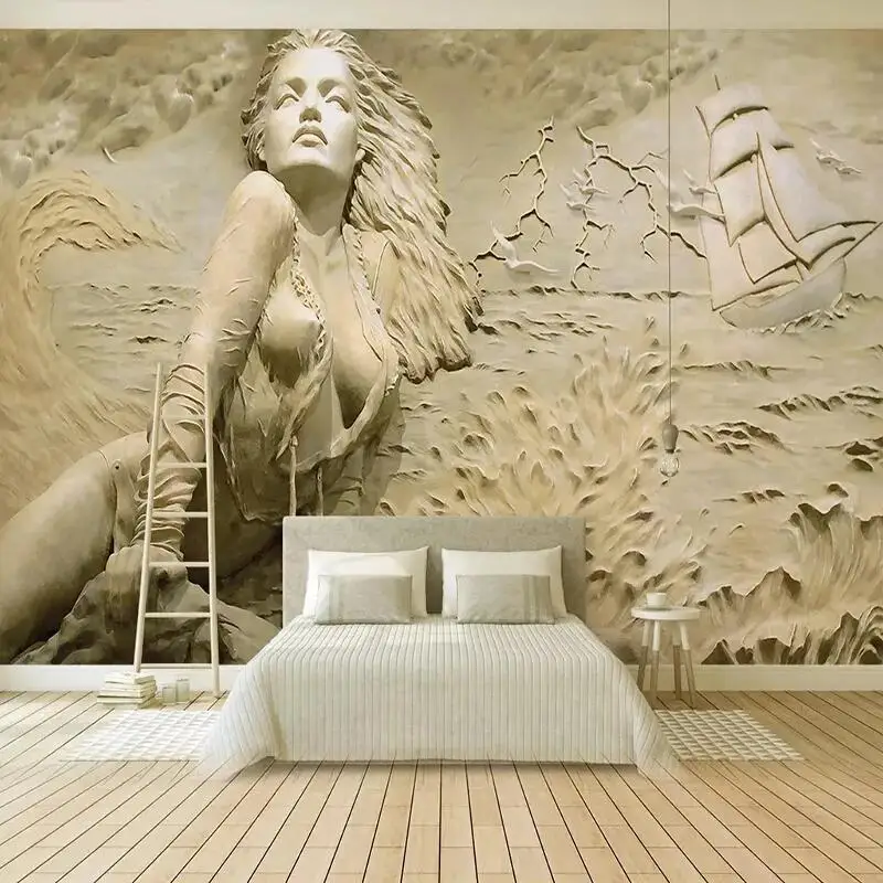 Özel duvar resmi Avrupa Tarzı Altın 3D Kabartma Sahil Güzellik Figürü Duvar Kağıdı Oturma Odası TV Yatak Odası Sanat Ev Dekor Kağıdı