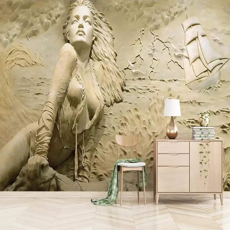 Özel duvar resmi Avrupa Tarzı Altın 3D Kabartma Sahil Güzellik Figürü Duvar Kağıdı Oturma Odası TV Yatak Odası Sanat Ev Dekor Kağıdı
