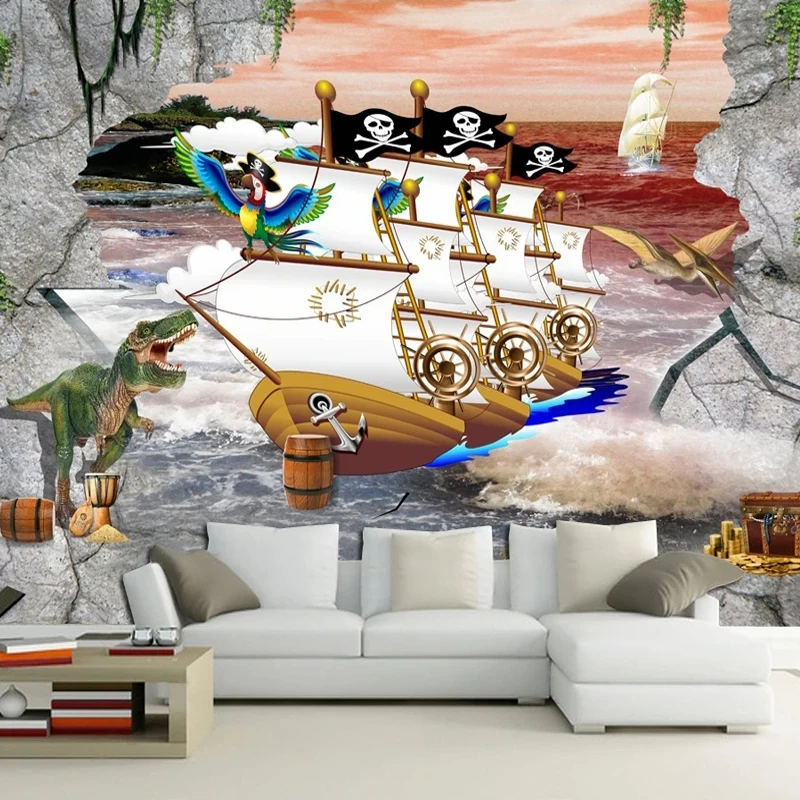 Özel 3D Fotoğraf Kırık Duvar Karikatür Korsan Gemisi Dinozor Duvar Kağıdı Çocuklar için Yatak Odası Oturma Odası Ev Dekorasyon Su Geçirmez Duvar