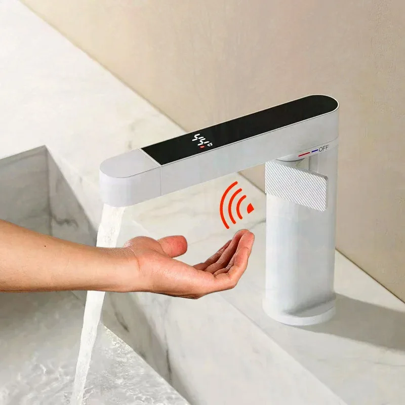 LED Dijital Hareket Sensörü Kızılötesi Bakır Vinç 360 SwivelnTouchless Havza Musluk Banyo Sıcak Soğuk Mikser Pull Out Dokunun