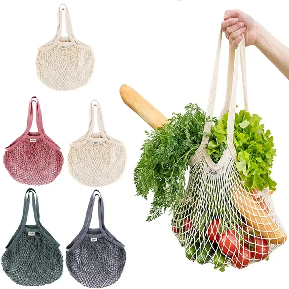 Kısa Yıkanabilir Sebze Çantası Çanta Net Taşınabilir Bakkal Organik Kullanımlık Örgü Organizatör Kolu pamuklu çantalar Dize