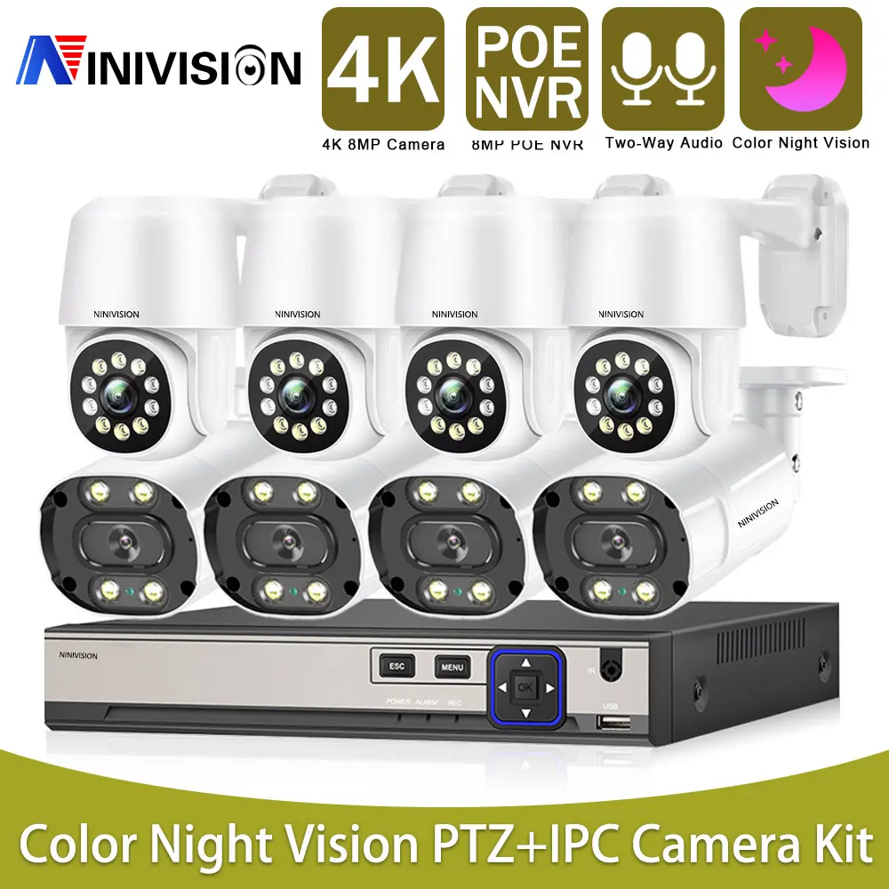 8MP HD Güvenlik Kamera Sistemi 8CH POE NVR Kiti CCTV Renkli Gece İki Yönlü Ses AI Açık PTZ Video Gözetim IP Kamera Seti P2P