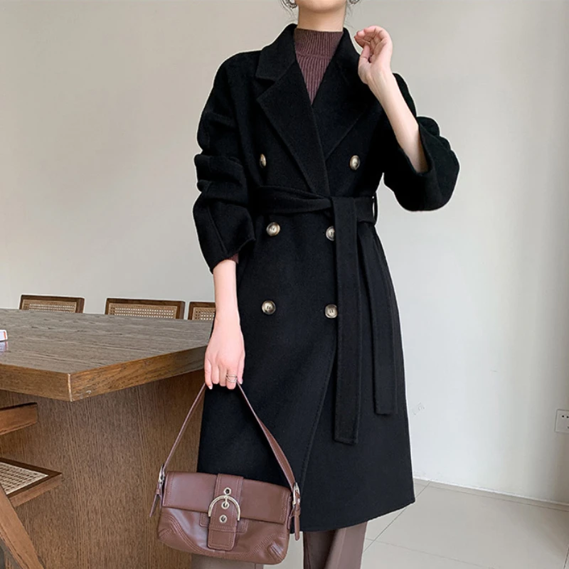 Yeni Siyah Rahat Çift taraflı %100 % Yün Ceket Kadın Moda Gevşek Yaka Uzun Kollu Kruvaze Yün Ceket Sonbahar Kış