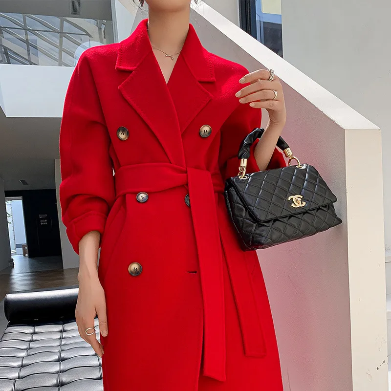 Yeni Siyah Rahat Çift taraflı %100 % Yün Ceket Kadın Moda Gevşek Yaka Uzun Kollu Kruvaze Yün Ceket Sonbahar Kış