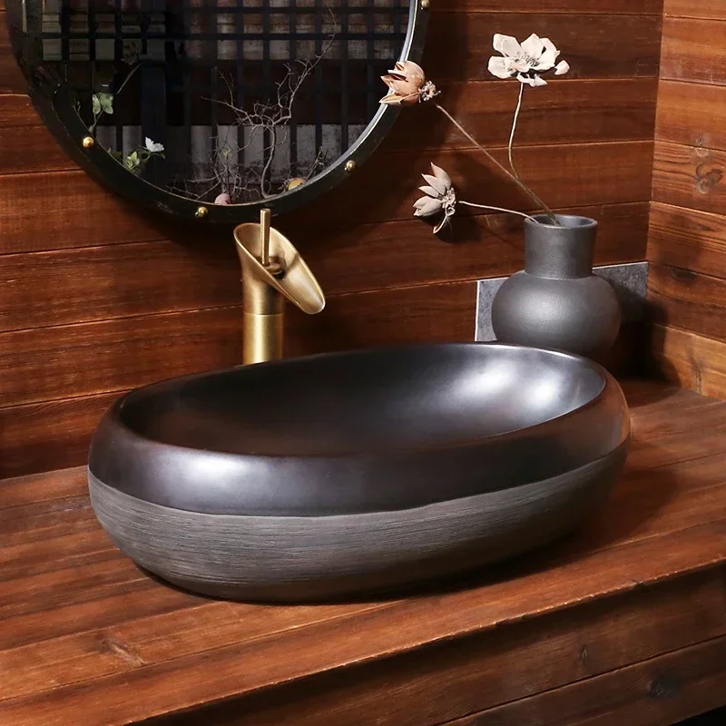 Retro Masa Havzası Oval Banyo Seramik Lavabo Platformlar Arası Havzası Ev Sanat Havzası