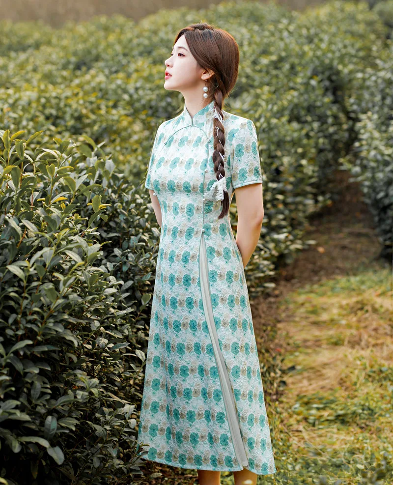 FZSLCYIYI Yaz Mandarin Yaka Qipao Çince Geleneksel Kısa Kollu Baskılı Şifon Yüksek Bölünmüş Aodai Cheongsam Kadın Elbiseler