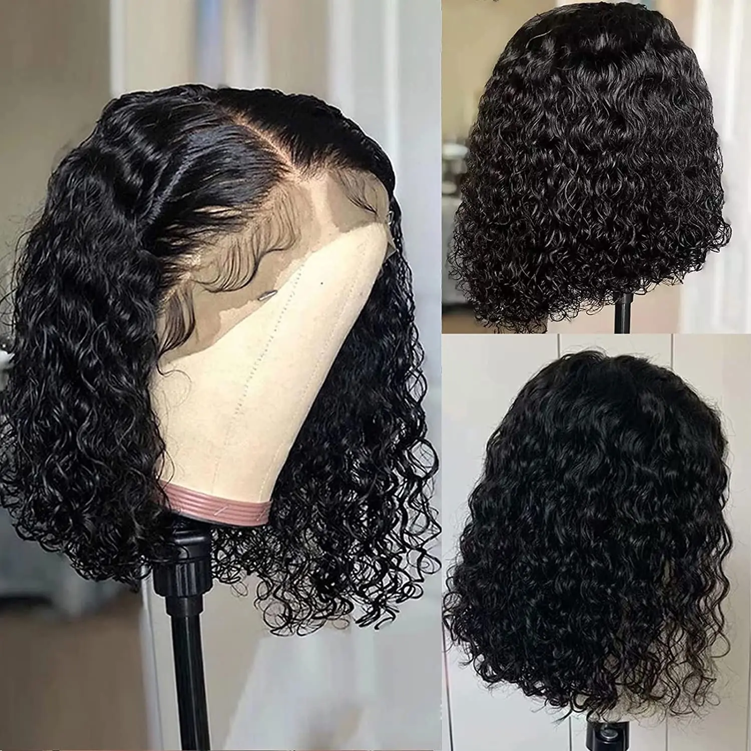 Bob Dantel Peruk Siyah Kadınlar İçin Kıvırcık Derin Su Kıvırcık Dalga İnsan Saç Peruk %100 % Remy Doğal Saç Kısa Dantel Frontal T Parça Peruk