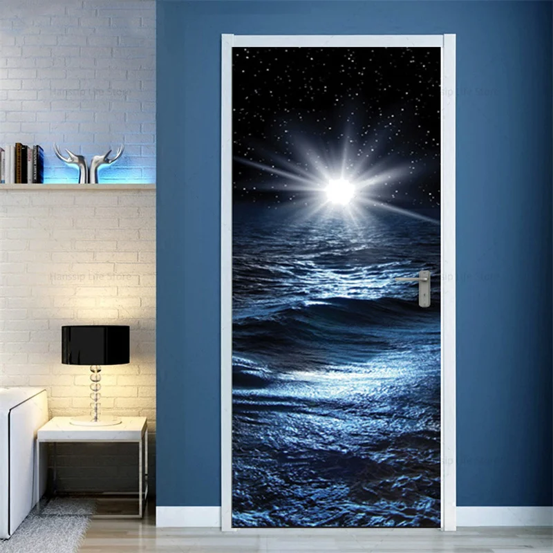 Yıldız Evren Ay Deniz Manzaralı Kapı Çıkartmalar Surround Gevşeme Duvar Kağıdı Yatak Odası Oturma Odası Ev Dekor Kendinden yapışkanlı Duvar