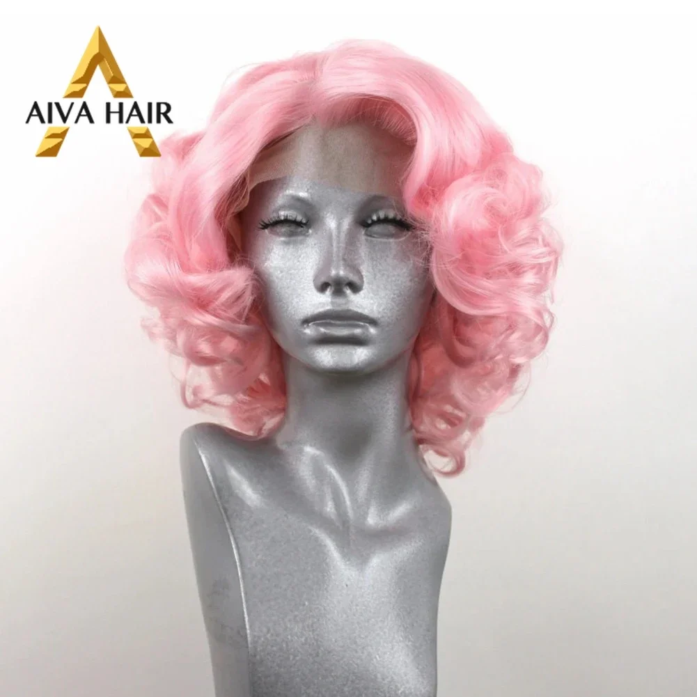 AİVA Sarışın Dalgalı 13x4 Dantel ön peruk ısıya dayanıklı Tutkalsız Pembe Sentetik Bob Peruk Moda Cosplay Monroe Kısa Peruk Kadınlar için