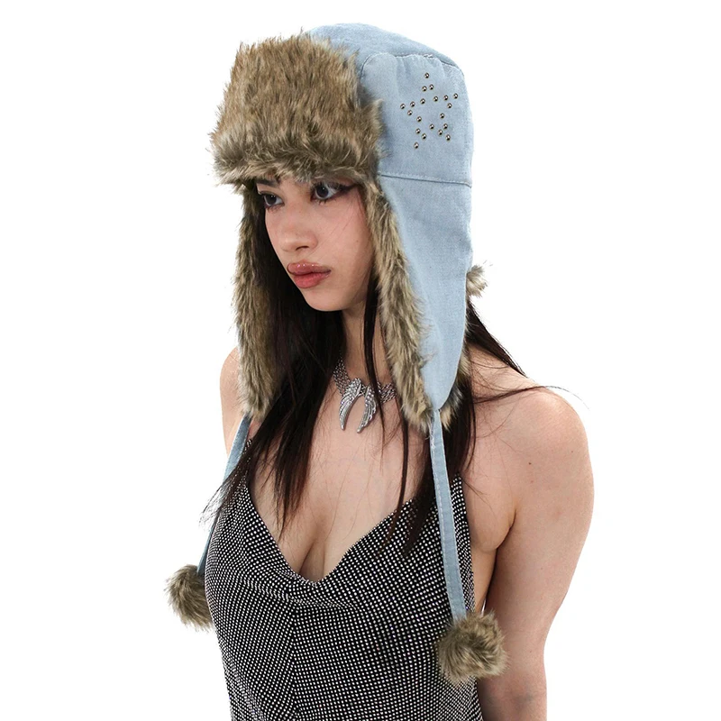 Rockmore Kadınlar Sıcak Earmuffs Kalınlaşmak Kulak Çırptı Şapka Kış Soğuk Geçirmez Sıcak Pamuk Şapka Kedi Kulaklar Kap Kış Rus Kapaklar