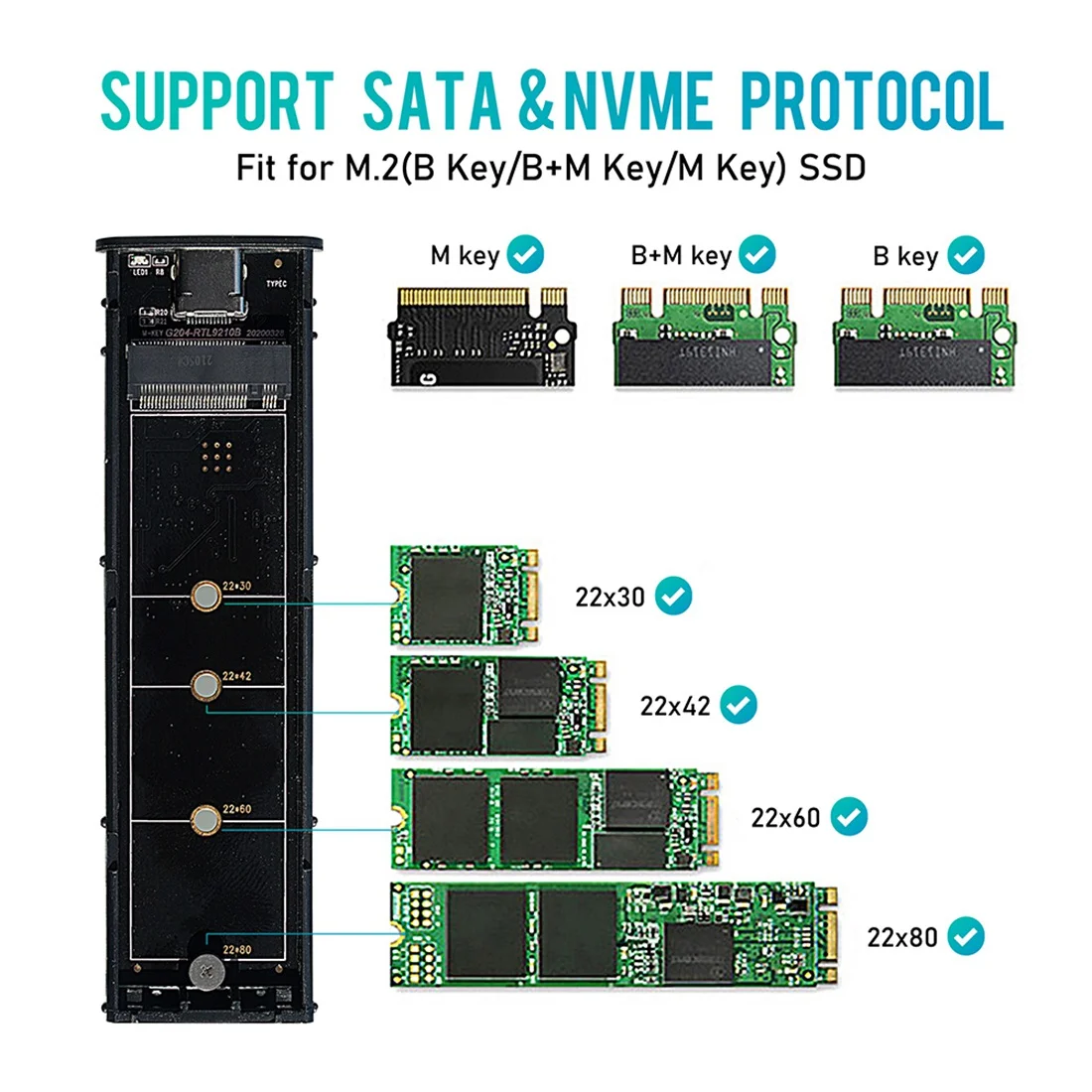 M2 SSD Durumda NVME Muhafaza M. 2 USB SSD Adaptörü NVME PCIE NGFF SATA M+B Anahtar 2230/2242/2260/2280 Çift Protokolü (B)