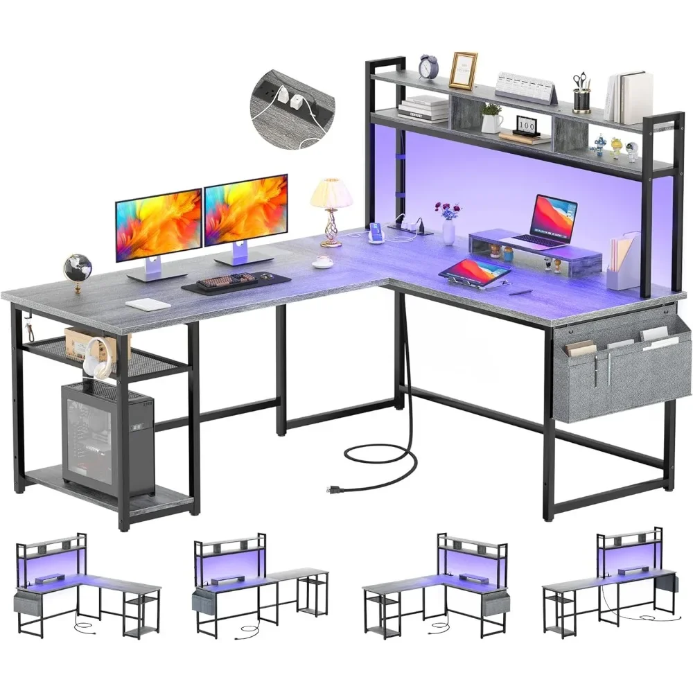 L Şekilli Bilgisayar / Oyun Masası ile Güç Çıkışı ve LED Şerit, Depolama Rafı ve Monitör Standı, Modern 2 Kişi Ev Ofis