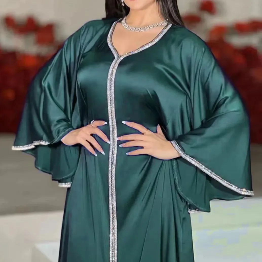 2023 Yaz Zarif Abaya Elbise Müslüman Kadınlar 3/4 Kollu V Yaka Polyester Mavi Sarı Yeşil Uzun Elbiseler Müslüman Moda Abaya