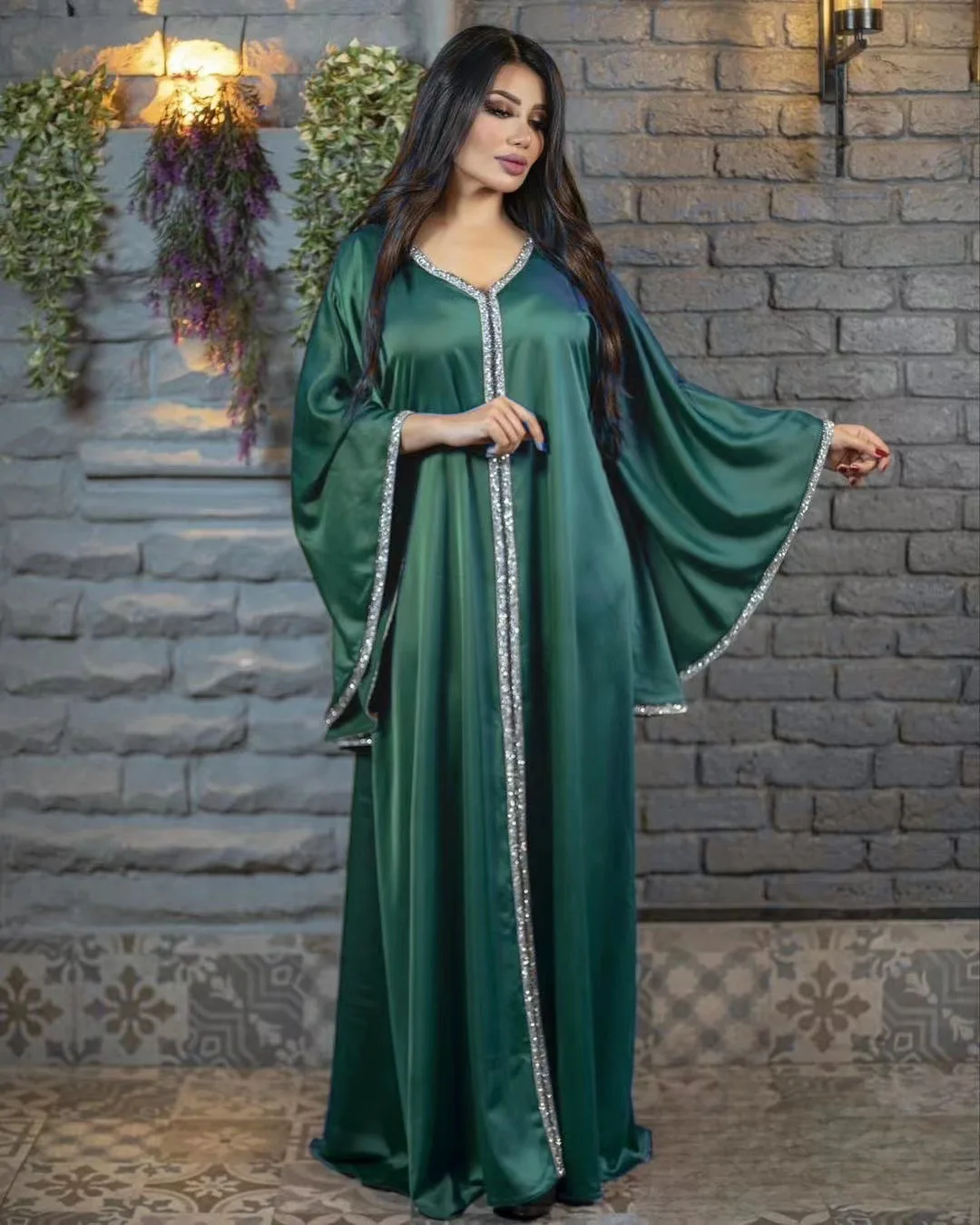 2023 Yaz Zarif Abaya Elbise Müslüman Kadınlar 3/4 Kollu V Yaka Polyester Mavi Sarı Yeşil Uzun Elbiseler Müslüman Moda Abaya