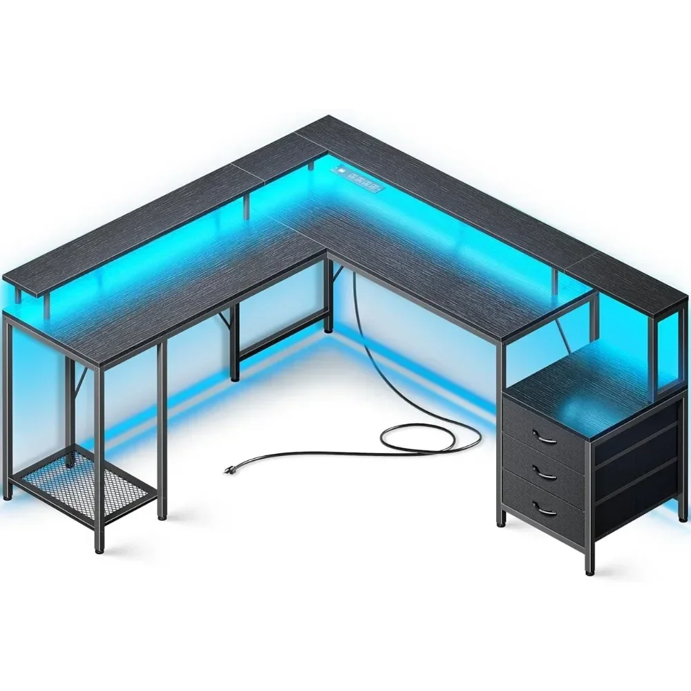 3 Çekmeceli L Şekilli 66,1 inç Bilgisayar Masası, Yazıcı ve Monitör Standlı Ofis Masası, LED ışıklar ve Elektrik Prizleri