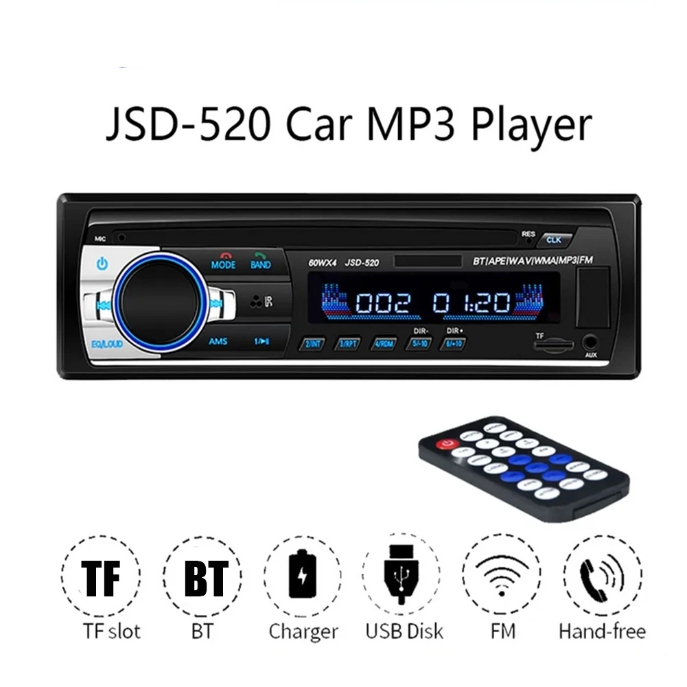 JSD-520 Araba Radyo Stereo Yedek kablosuz hoparlör MP3 Çalar FM Ses Stereo Ses Alıcısı Otomatik Multimedya Oynatıcı