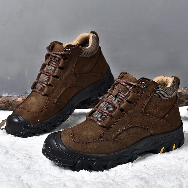 Kışlık Botlar Açık erkek ayakkabıları Deri yürüyüş ayakkabıları kaymaz Sıcak Erkekler için Peluş Sıcak Kar Botları