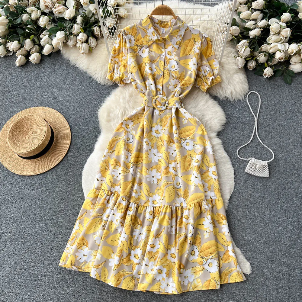 Croysier Elbiseler Kadınlar İçin 2023 Zarif Vintage Çiçek Baskı Elbise Kemer Yaka Yaka Kısa Puf Kollu Gömlek Midi Elbise