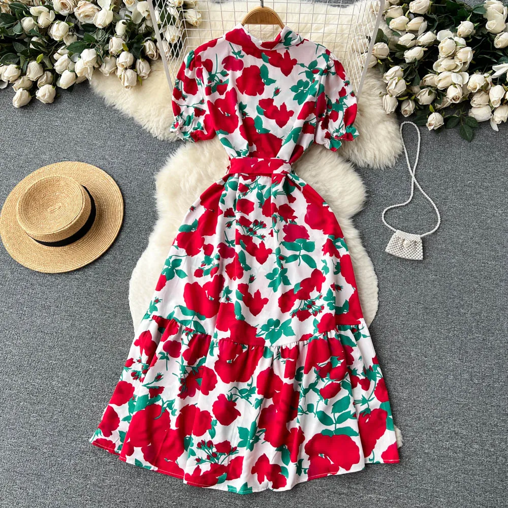 Croysier Elbiseler Kadınlar İçin 2023 Zarif Vintage Çiçek Baskı Elbise Kemer Yaka Yaka Kısa Puf Kollu Gömlek Midi Elbise