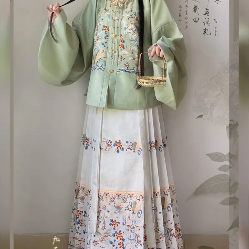 Orijinal Ming Yapımı Hanfu Elbise Kadın Jakarlı Kare Yaka Kısa Ceket Pipa Kollu At Yüz Etek Sonbahar Hanfu Kostüm
