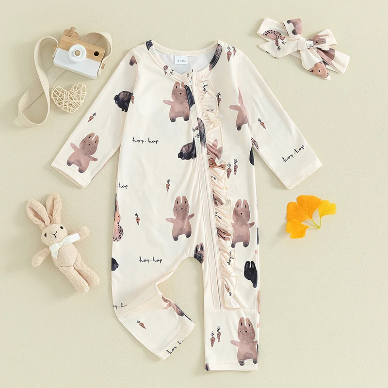 Bebek Kız Paskalya Kıyafet Uzun Kollu Tavşan Havuç Romper Tulum Fırfır Fermuar Sevimli Bebek Tavşan Giysileri