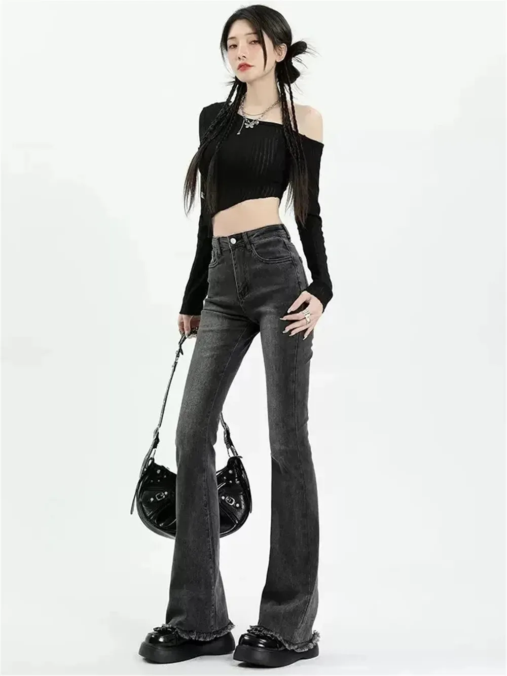Yüksek Bel Püsküller Flare Kot Kadınlar İçin Vintage İnce Uzun Bacaklı Kot pantolon Kore Bayan Streetwear Casual Uzun Sıska Y2k Pantolon