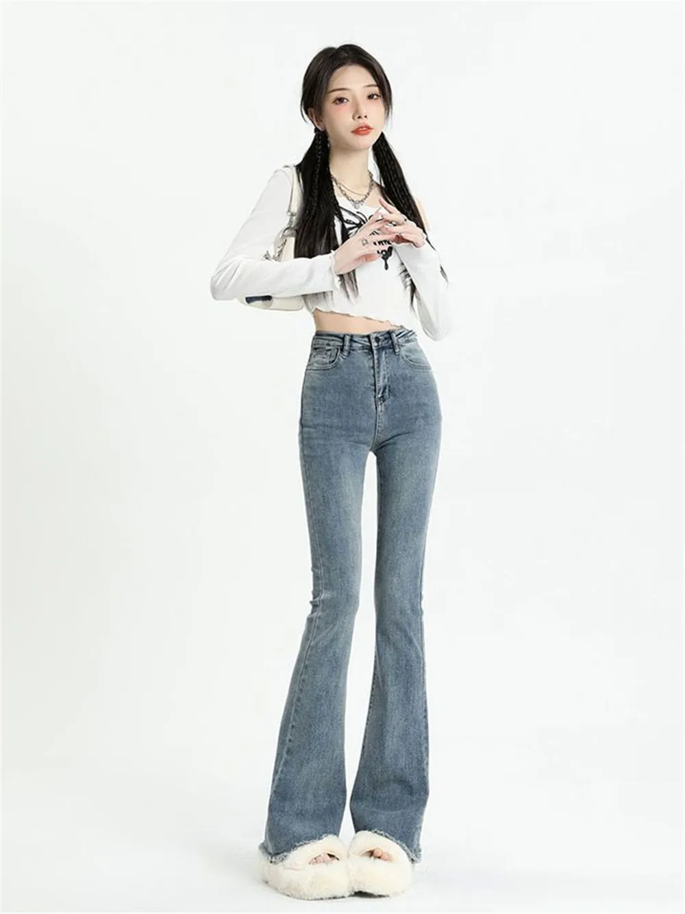 Yüksek Bel Püsküller Flare Kot Kadınlar İçin Vintage İnce Uzun Bacaklı Kot pantolon Kore Bayan Streetwear Casual Uzun Sıska Y2k Pantolon