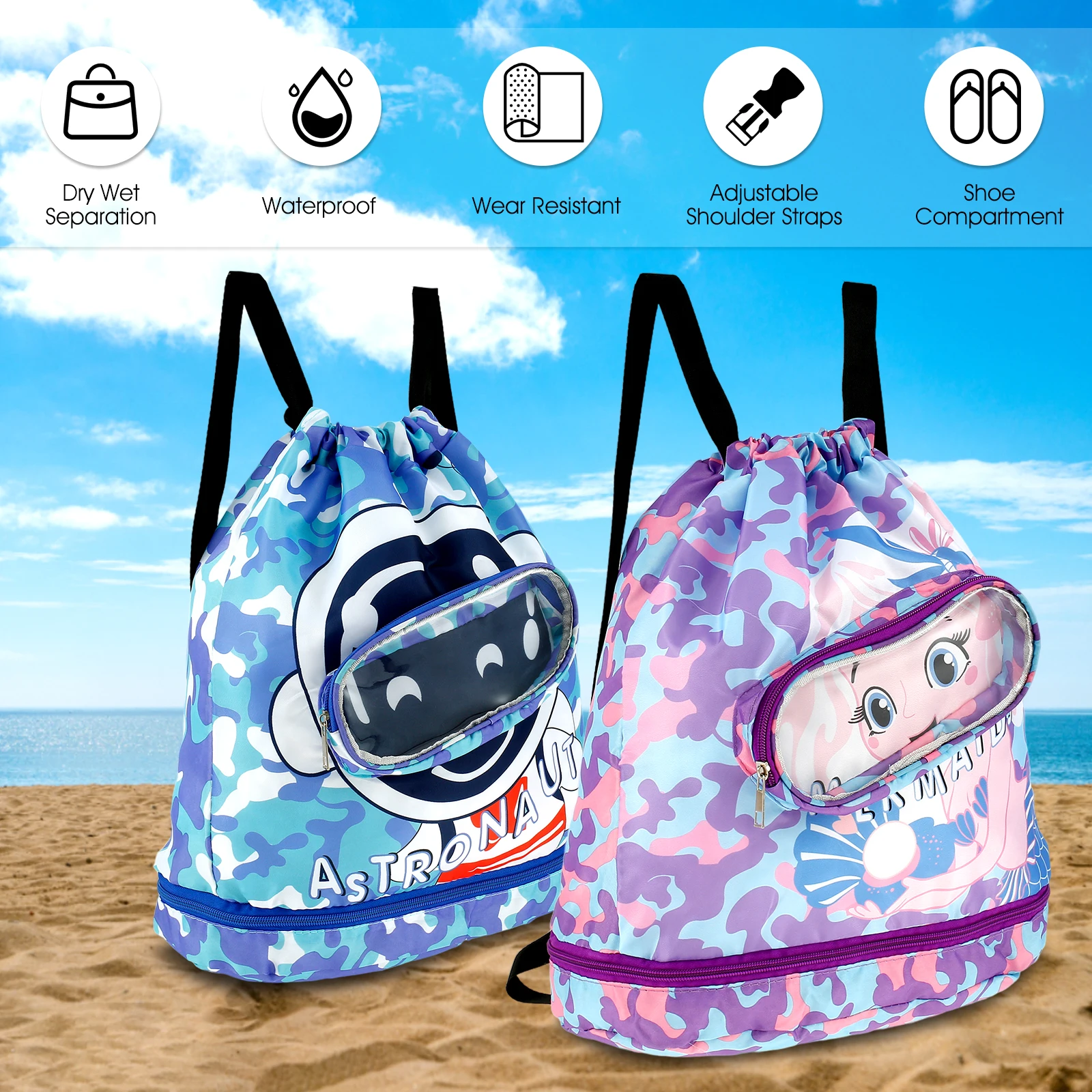 2 Adet Yüzme Sırt Çantası Çocuklar için Sevimli İpli Çocuklar Plaj Çantası Ayarlanabilir Kayış ile Kuru ıslak Ayrılmış büzgülü sırt çantası