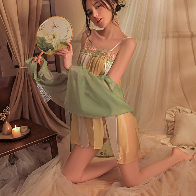 Erotik Hanfu Etek Antik Pijama Retro Seksi Perspektif Bornoz Çin Geleneksel Elbise Cosplay Dansçı Üniforma Günaha
