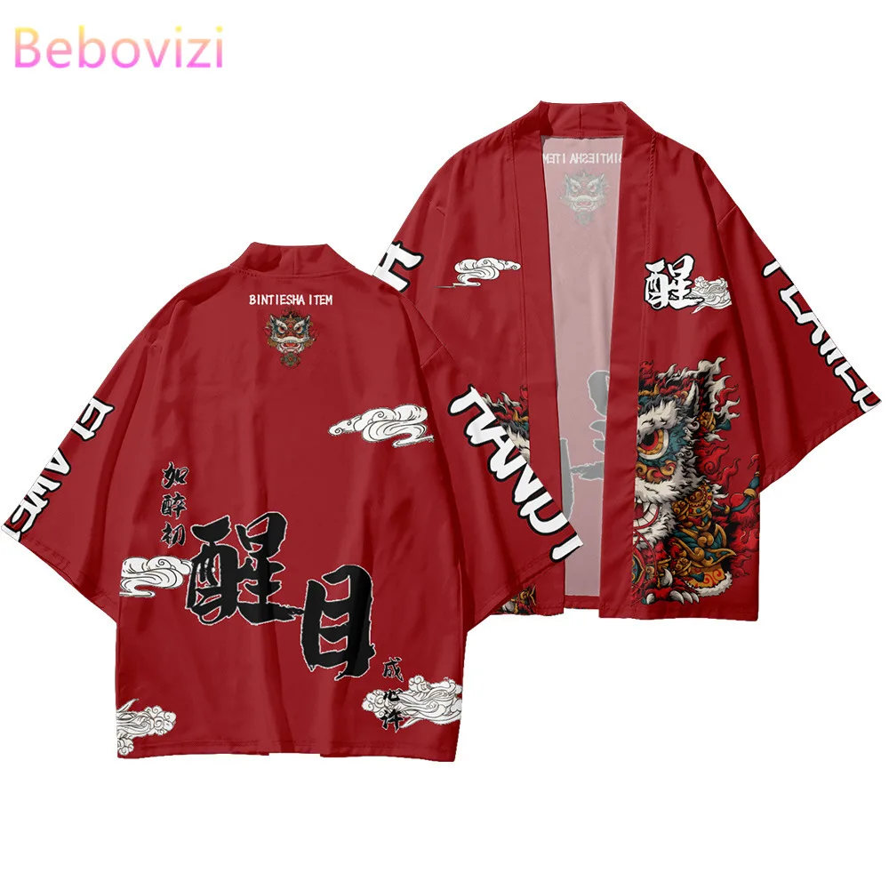 6XL 5XL Çin Tarzı Aslan Dans Baskı Kırmızı Kimono Hırka Gömlek 2023 Kadın Erkek Yukata Plaj Samurai Haori Geleneksel Üst
