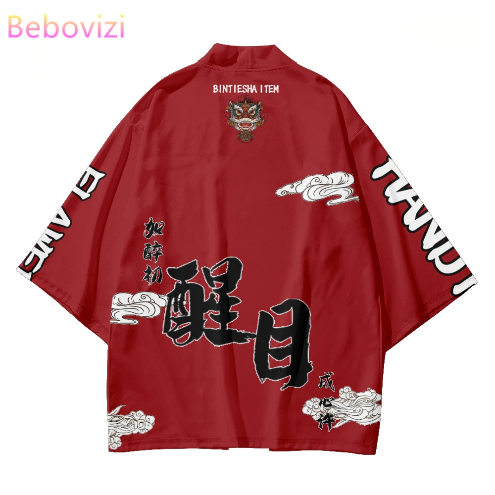 6XL 5XL Çin Tarzı Aslan Dans Baskı Kırmızı Kimono Hırka Gömlek 2023 Kadın Erkek Yukata Plaj Samurai Haori Geleneksel Üst