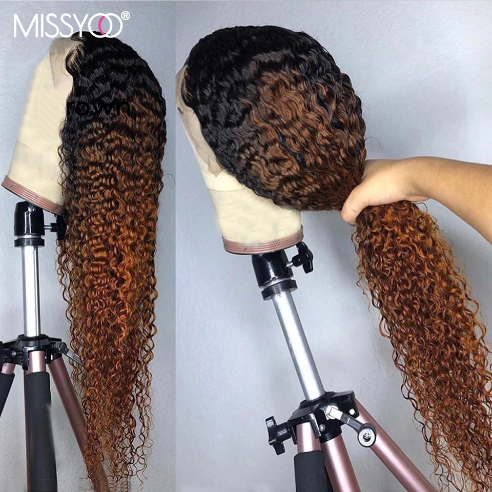 Ombre Kahverengi derin kıvırcık insan saçı 13x4 Dantel ön peruk Brezilyalı Ön Koparıp Remy Saç T1b / 33 Bal Sarışın Kıvırcık Peruk Kadınlar İçin