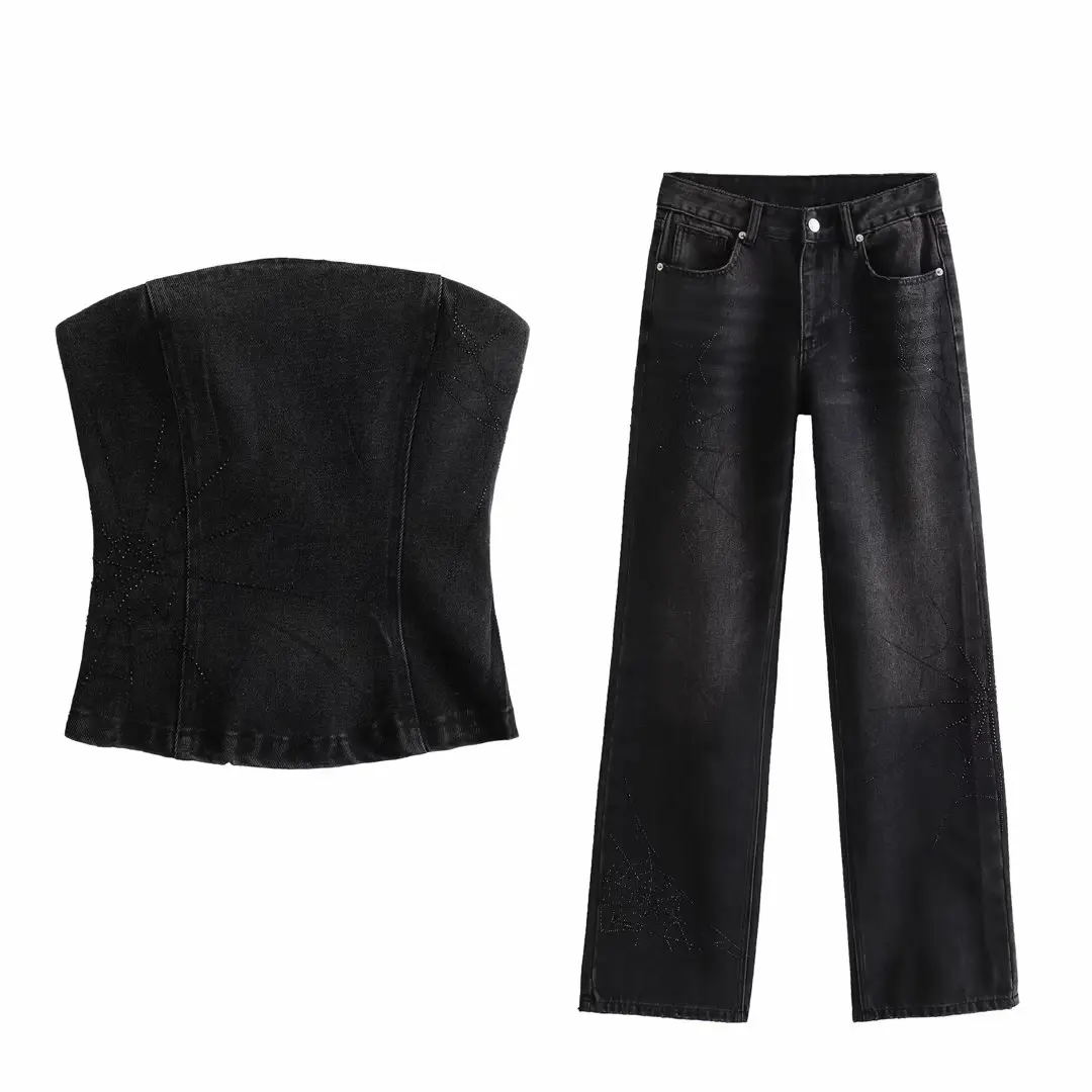 TRAFZA 2024 Sonbahar Kış Kadın Seksi Katı Korse Takım Elbise Fermuar Denim Tüp Üstleri + Orta Bel Geniş Bacak Pantolon Kadın Streetwear Setleri