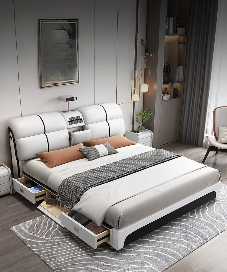 Deri yatak, modern basit ışık lüks, ana yatak odası, çift çok fonksiyonlu depolama, yumuşak deri döşeme