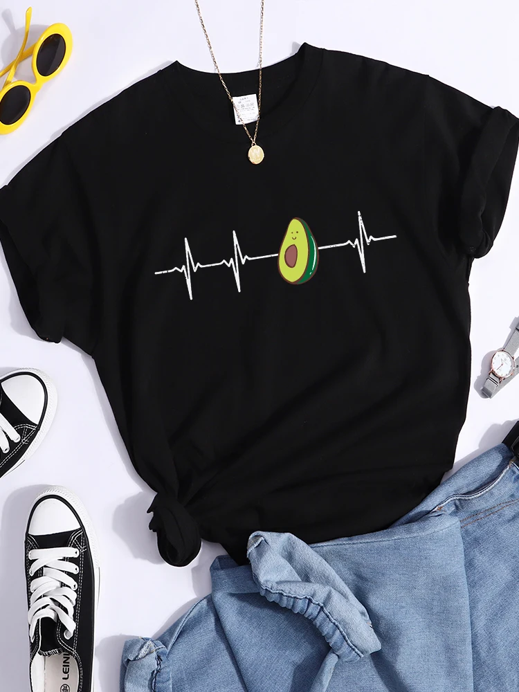 Avokado Ekg Çizgi Film Baskı Tişörtleri Kadınlar Nefes Yumuşak Serin Kırpma Üst Moda Yaz Streetwear Spor Hip Hop T-Shirt Kadın