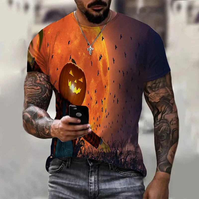 Erkek 3D baskılı kabak desen T-shirt yaz kısa kollu yuvarlak boyun eğlenceli moda rahat üst T-shirt giyim