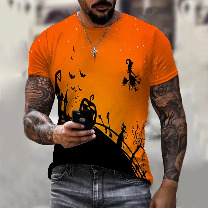 Erkek 3D baskılı kabak desen T-shirt yaz kısa kollu yuvarlak boyun eğlenceli moda rahat üst T-shirt giyim