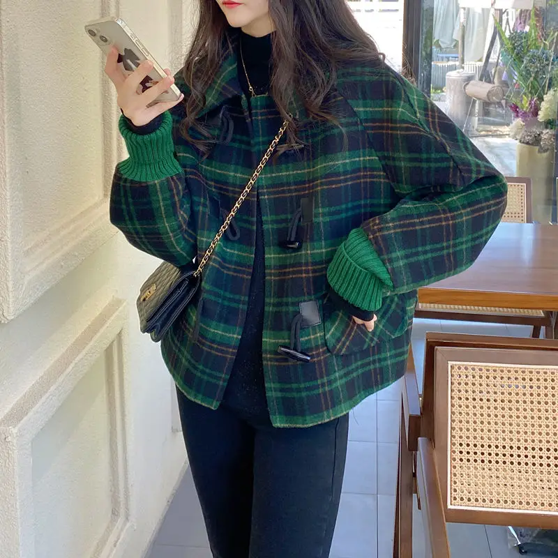 Sonbahar Ve Kış Yeni Yün Ceket Kısa kadın Yarasa Kollu Düğme Yeşil Ekose Üst Kore Gevşek Moda Ceket