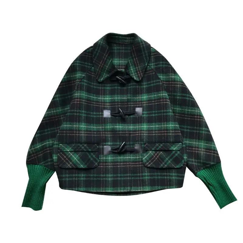 Sonbahar Ve Kış Yeni Yün Ceket Kısa kadın Yarasa Kollu Düğme Yeşil Ekose Üst Kore Gevşek Moda Ceket