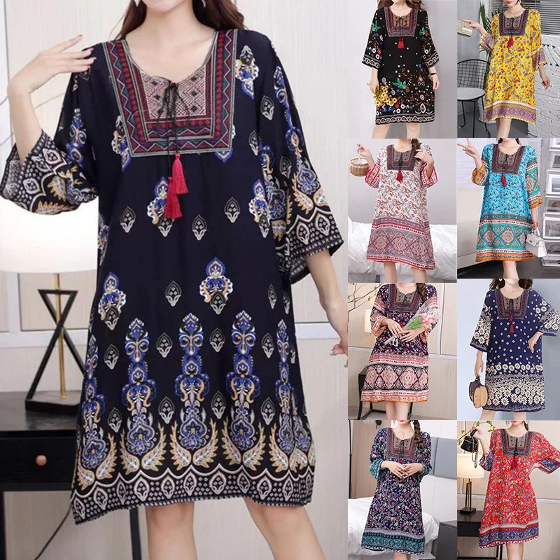Boho kadın Elbise Bahar Yeni Etnik Tarzı Midi Çiçek Baskı Retro Gevşek O-Boyun Kazak Elbiseler Kadınlar İçin Elbise Kadın Vestidos