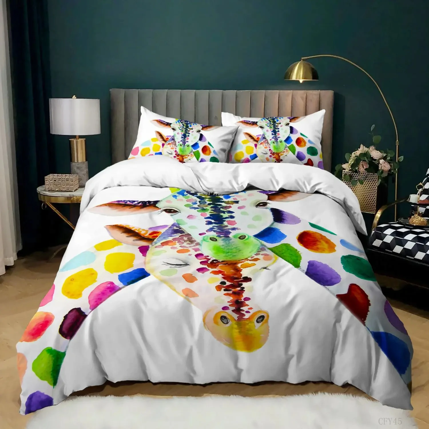 Pembe Beyaz Nevresim Zürafa Yatak Kraliçe / Kral / Tam Boy Hayvanat Bahçesi Hayvanları yatak takımı 3 Adet Renkli Zürafa Yatak Yorgan Kapağı