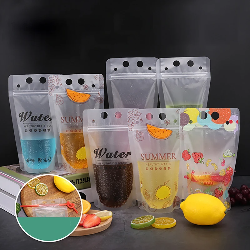 10 Adet Çanta + 10 Adet Saman 500ml Buzlu Plastik İçme İçecek Çantası Parti Düğün Meyve Suyu Süt Çay Taşınabilir Torbalar