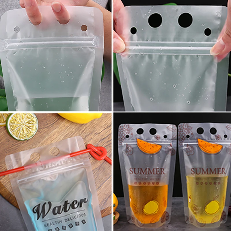10 Adet Çanta + 10 Adet Saman 500ml Buzlu Plastik İçme İçecek Çantası Parti Düğün Meyve Suyu Süt Çay Taşınabilir Torbalar