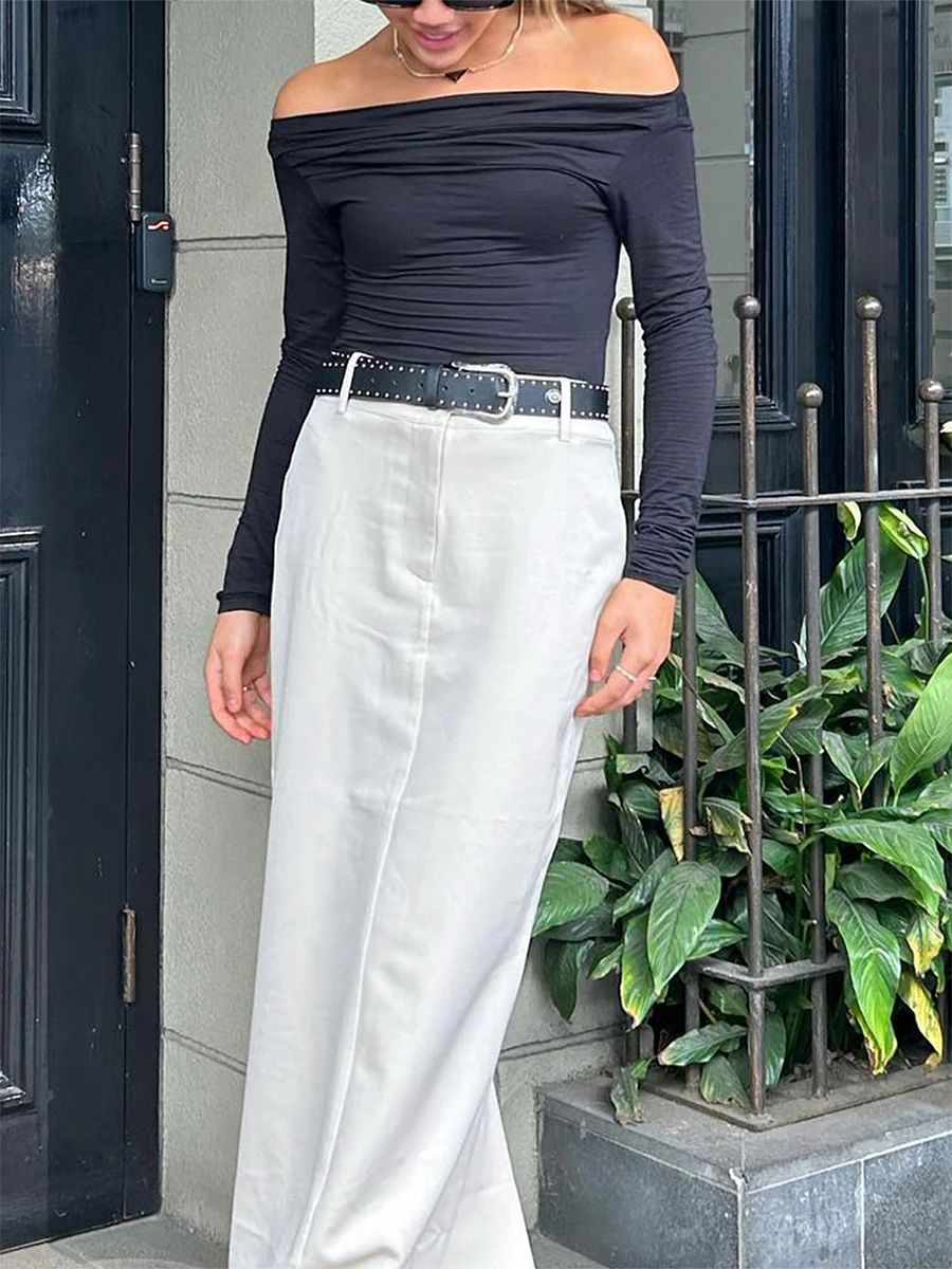 Kadınlar için açık omuzlu Mahsul Tops Uzun Kollu Düz Renk Slim Fit Dantelli T-Shirt Şık Bluzlar