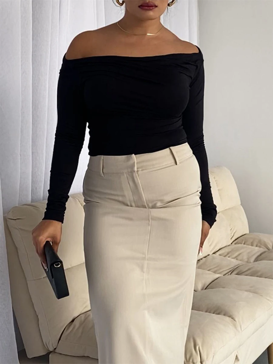 Kadınlar için açık omuzlu Mahsul Tops Uzun Kollu Düz Renk Slim Fit Dantelli T-Shirt Şık Bluzlar