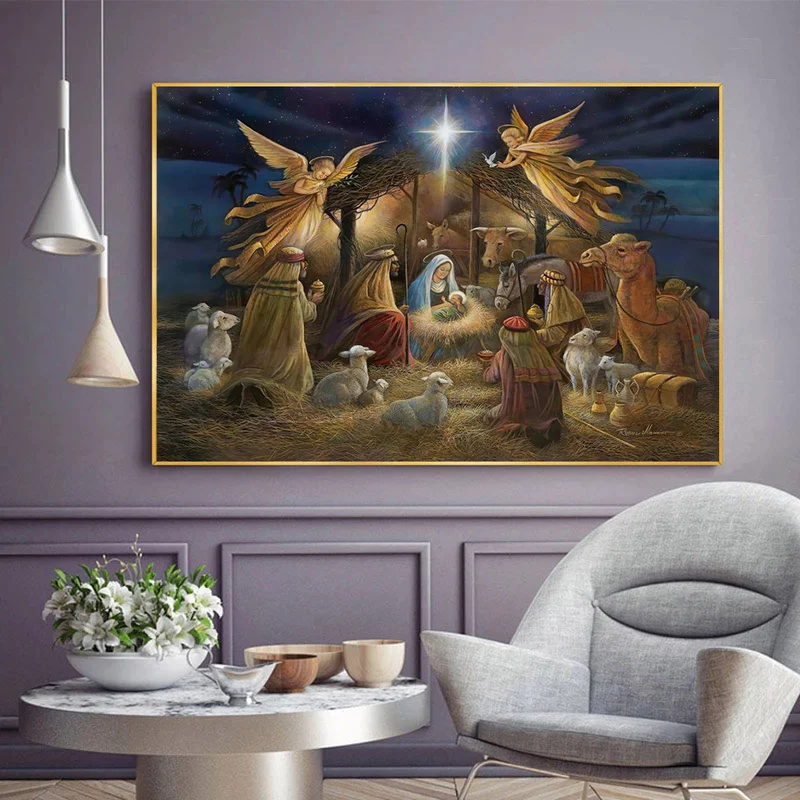 İsa mesih'in doğuşu duvar sanatı tuval yağlıboya Doğuş Sahnesi yılbaşı dekoru Modern Yağlıboya Kilise Duvar Dekor Cuadros