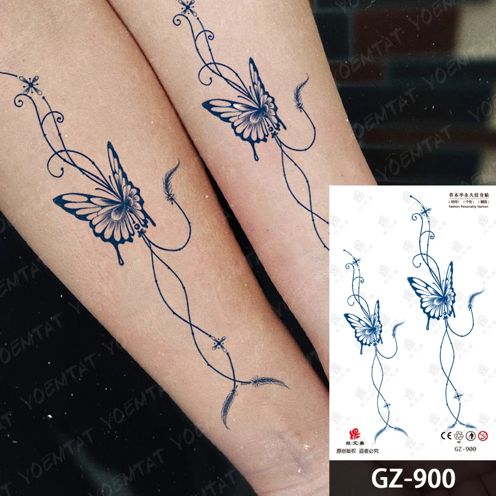 Yarı Kalıcı Bitkisel Kelebek Hatları Su Geçirmez Geçici Dövme Çıkartma Suyu Mürekkep Kalıcı Dövme Vücut Sanatı Sahte Dövme Kadın Erkek