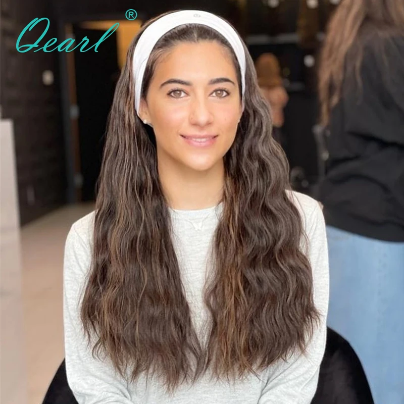 Bandfall Peruk Orta Kahverengi Balayage 100 İnsan Saçı Peruk Su Dalgalı Düz Ön Üst Peruk Kadınlar için kafa bandı ile Giymek Tutkalsız Qearl