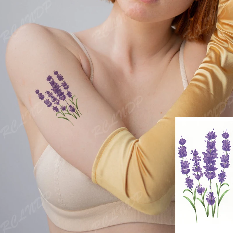 Su geçirmez Geçici Dövme Etiket Mor lavanta çiçeği Kol Geri El Bacak Flaş Dövme Sahte Dövme Vücut Sanatı Kadınlar Erkekler için